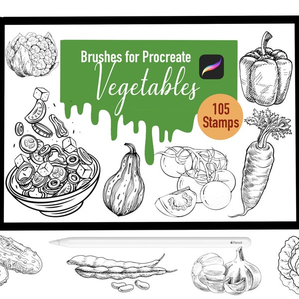 105 Vegetables Stamp Brushes for Procreate, Procreate Brushes, Nature, Landscape, Procreate Stamps, Lettering, Greeting Cards, Tattoo