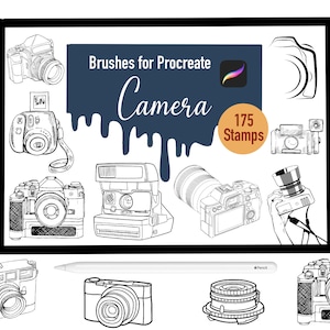 May include: A set of 175 Procreate brushes for drawing cameras. The brushes are designed to look like hand-drawn sketches. The image shows a variety of camera styles, including a vintage camera, a modern DSLR, and a Polaroid camera.