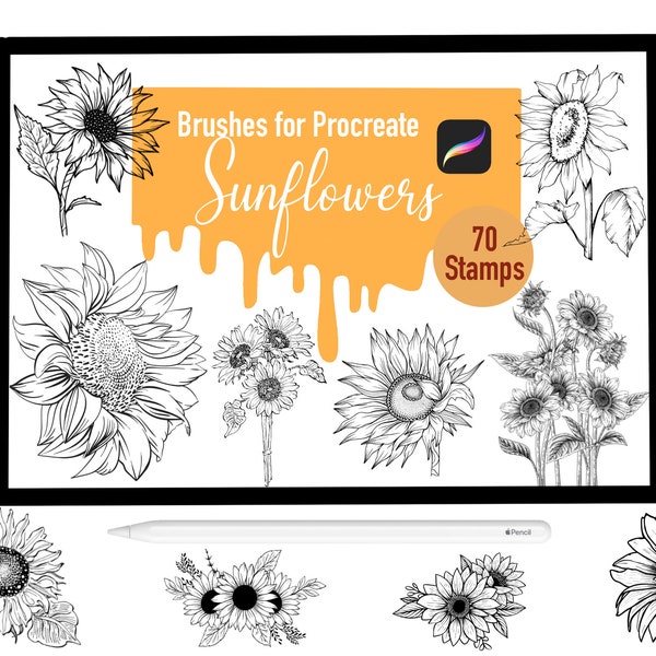 70 Sunflower Stamp Brushes for Procreate, Procreate Brushes, Nature, Landscape, Procreate Stamps, Lettering, Greeting Cards, Tattoo