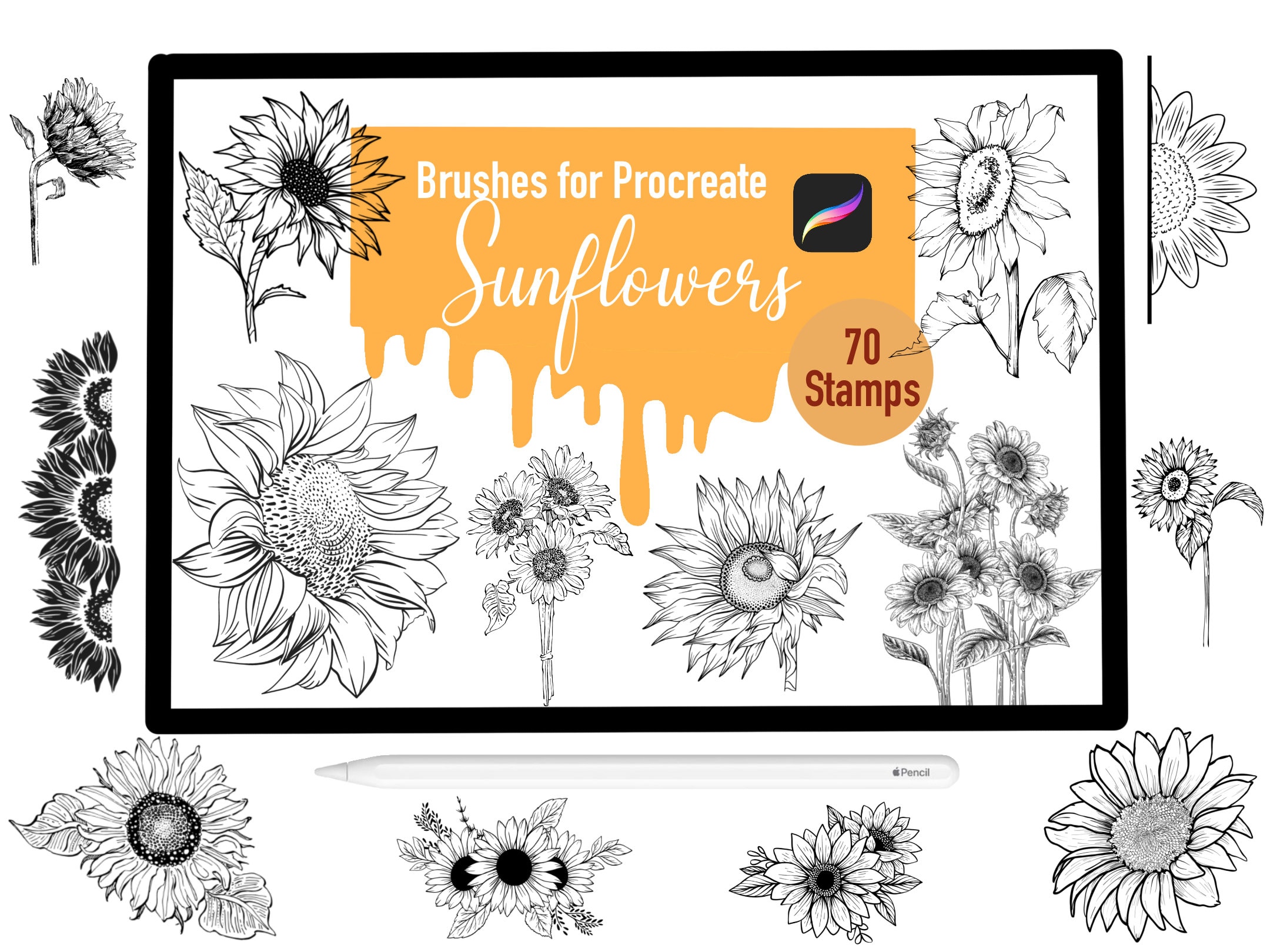 70 Sunflower Stamp Brushes for Procreate, Procreate Brushes, Nature ...