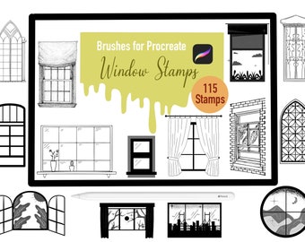 115 Window Stamp Brushes for Procreate, Procreate Brushes, Nature, Landscape, Procreate Stamps, Lettering, Greeting Cards, Tattoo