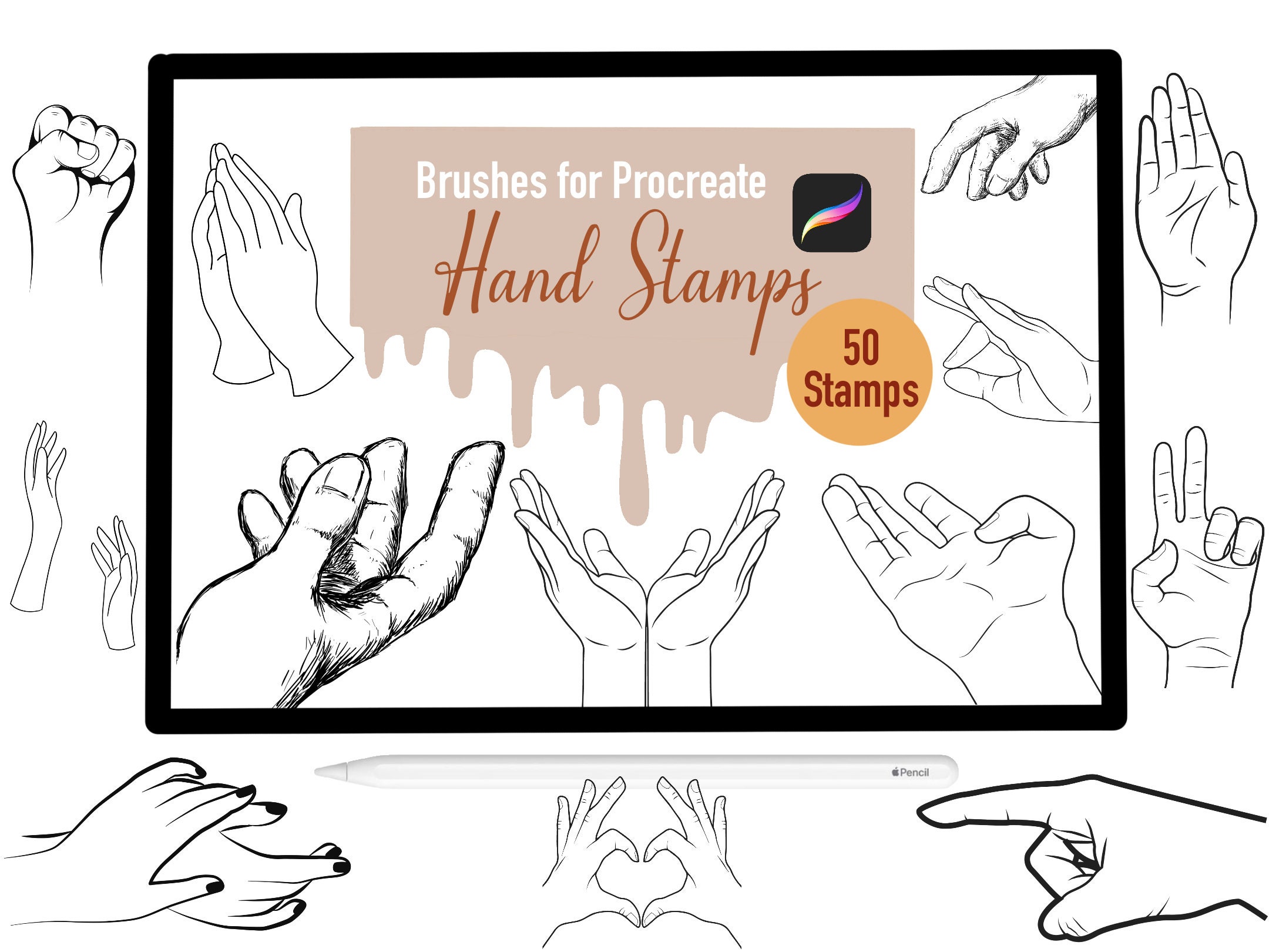 50 Hand Stamp Brushes for Procreate Procreate Brushes Etsy