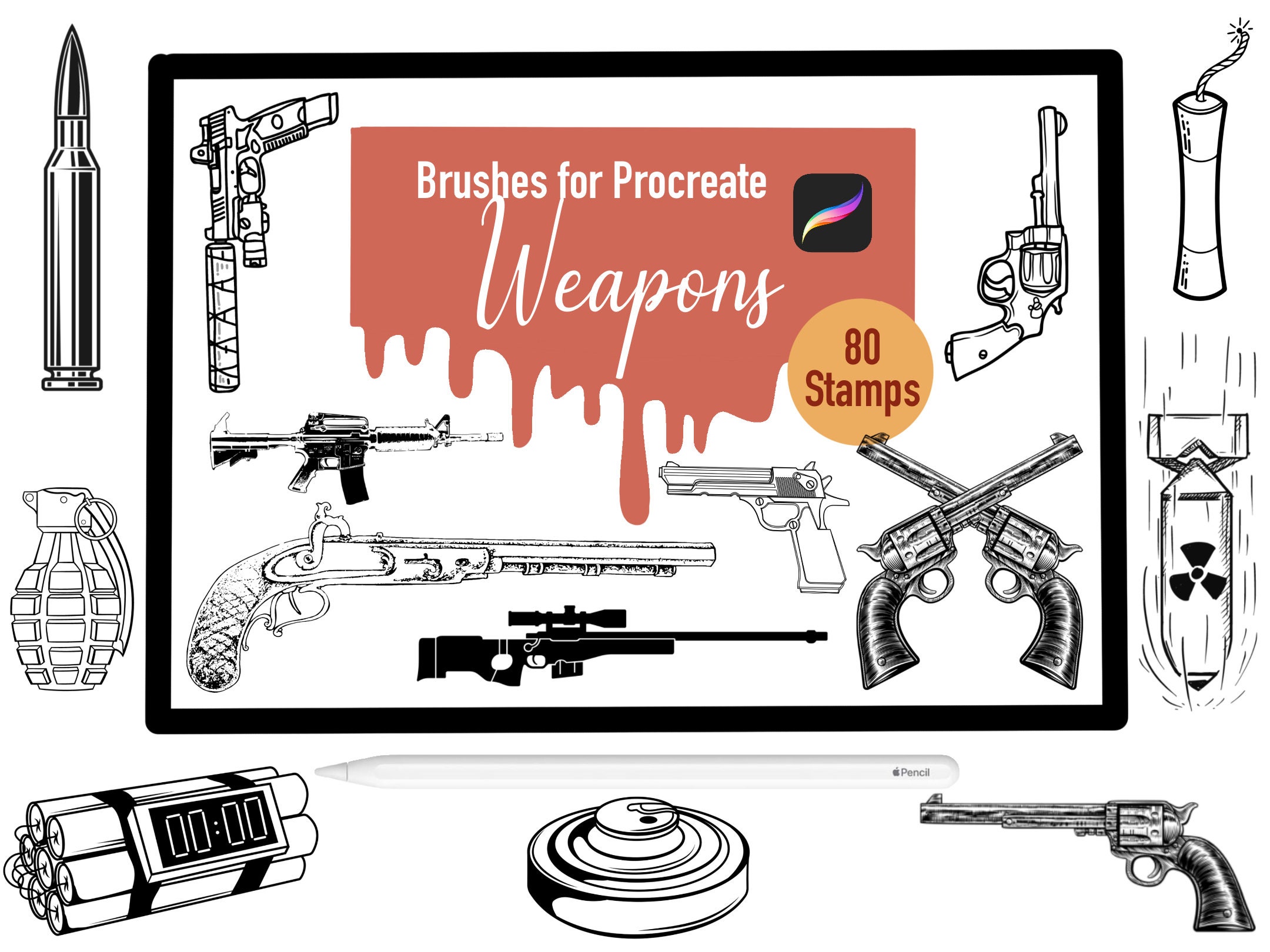 80 Weapons Stamp Brushes for Procreate, Procreate Brushes, Nature ...