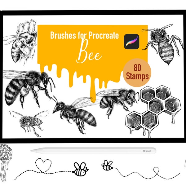 80 Bee Stamp Brushes for Procreate, Procreate Brushes, Nature, Landscape, Procreate Stamps, Lettering, Greeting Cards, Tattoo