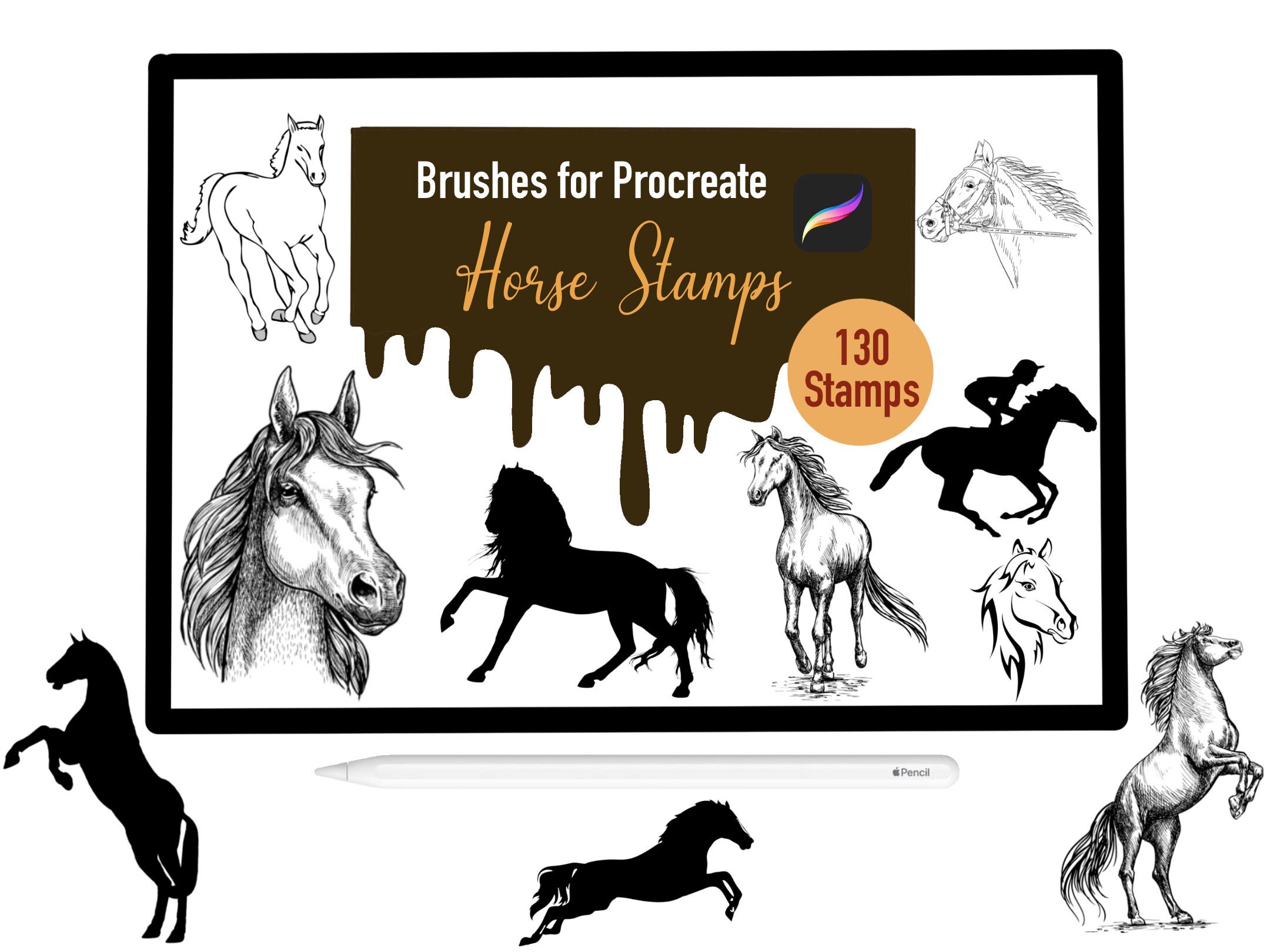 130 Horse Stamp Brushes for Procreate, Procreate Brushes, Nature