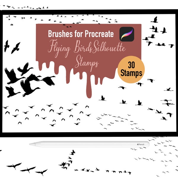 30 Flying Birds Silhouette Stamp Brushes for Procreate, Procreate Brushes, Nature, Landscape, Procreate Stamps, Lettering, Greeting Cards