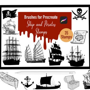 35 Ship and Pirates Stamp Brushes for Procreate, Procreate Brushes, Nature, Landscape, Procreate Stamps, Lettering, Greeting Cards