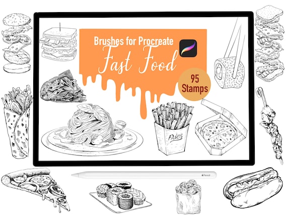 95 Fast Food Stamp Brushes for Procreate, Procreate Brushes, Nature, Landscape, Procreate Stamps, Lettering, Greeting Cards, Tattoo