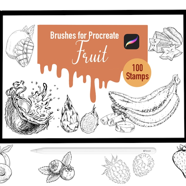 100 Fruit Stamp Brushes for Procreate, Procreate Brushes, Nature, Landscape, Procreate Stamps, Lettering, Greeting Cards, Tattoo