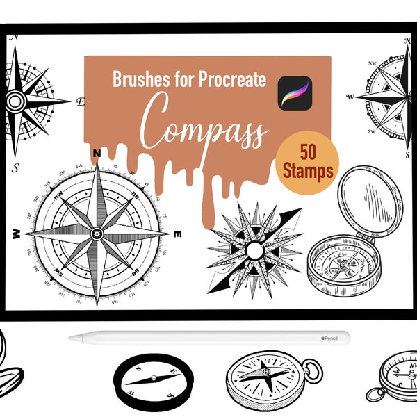 50 Compass Stamp Brushes for Procreate, Procreate Brushes, Nature, Landscape, Procreate Stamps, Lettering, Greeting Cards, Tattoo