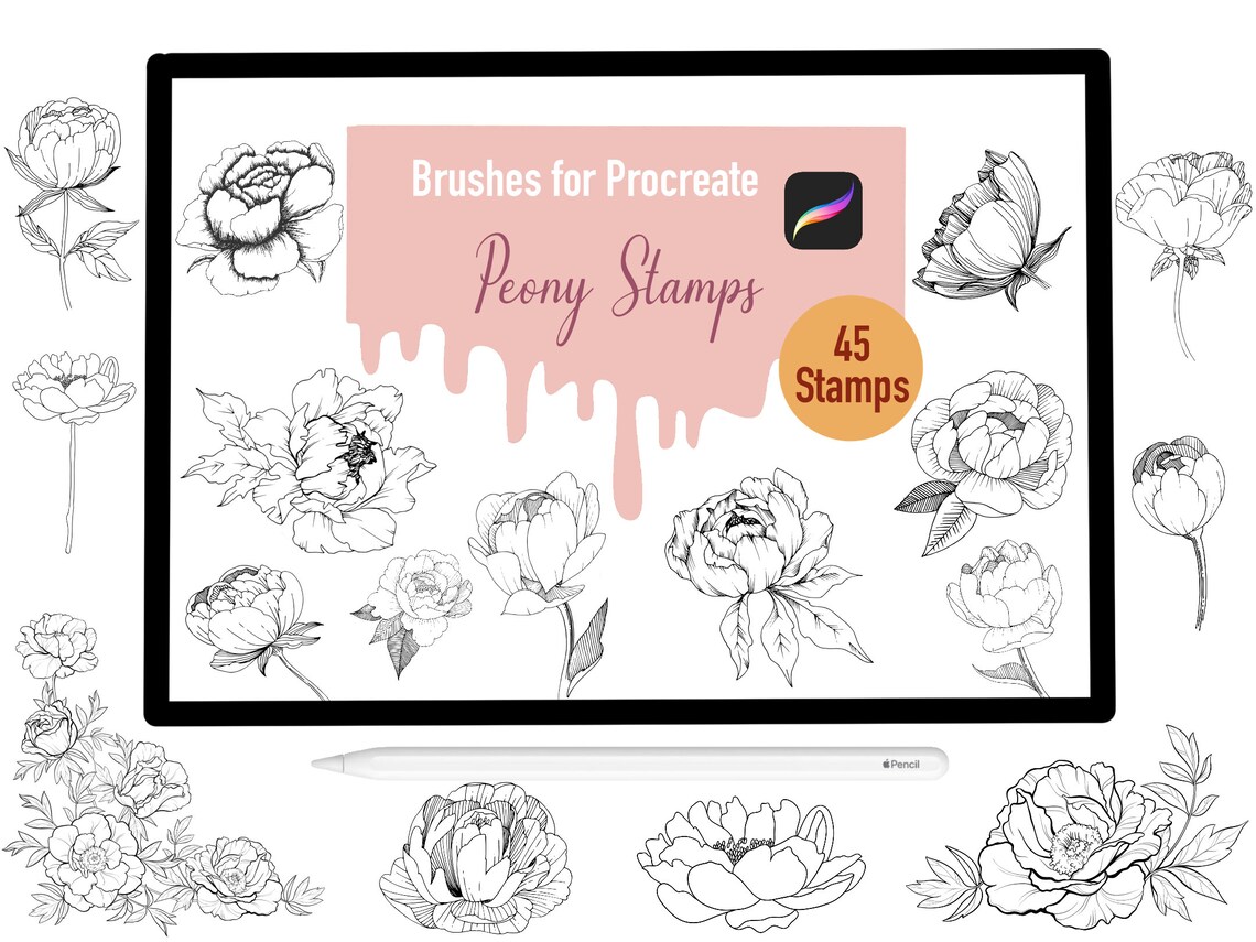 45 Peony Stamp Brushes for Procreate, Procreate Brushes, Nature ...