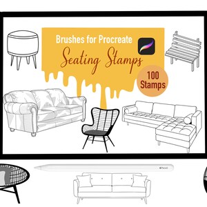 May include: A digital illustration of 100 seating stamps for Procreate. The image shows a variety of chairs, couches, and ottomans, all in black and white line art style. The text "Brushes for Procreate Seating Stamps 100 Stamps" is displayed in a yellow banner.