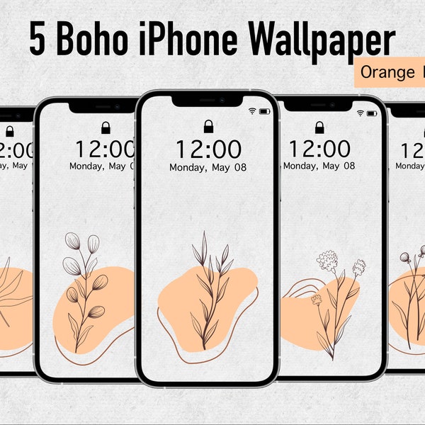 5 Boho Orange iPhone Wallpaper | Paper Look | Flower Wallpaper | boho, retro, vintage | Digital Download