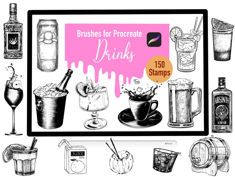 May include: A digital illustration of 150 black and white stamps for Procreate featuring various drinks, including beer, cocktails, juice, and liquor bottles. The stamps are designed for use in digital art and illustration.