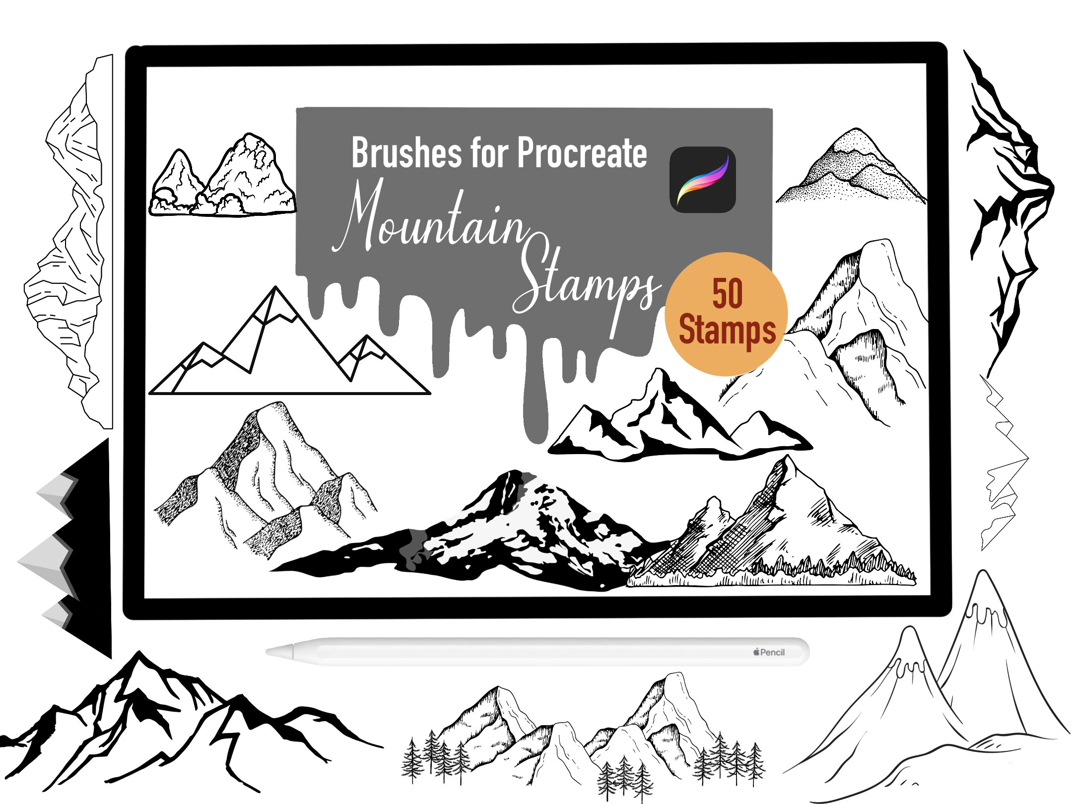 50 Mountain Stamp Brushes for Procreate, Procreate Brushes, Nature ...