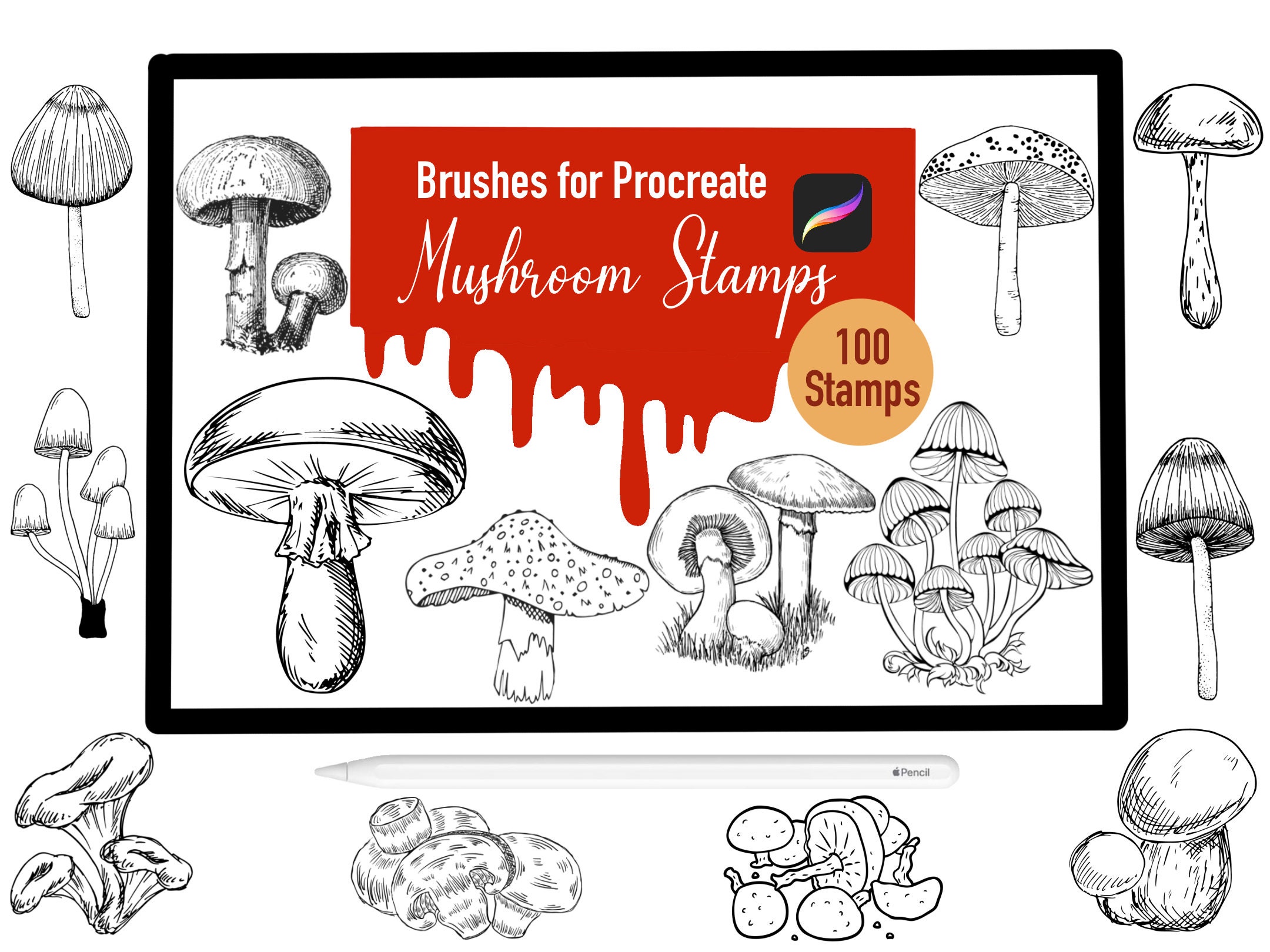 100 Mushroom Stamp Brushes for Procreate, Procreate Brushes, Nature ...