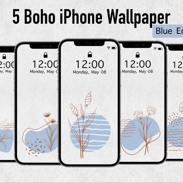 5 Boho Blue iPhone Wallpaper | Paper Look | Flower Wallpaper | boho, retro, vintage | Digital Download