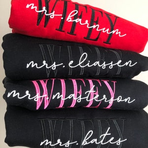 Embroidered Adult Sweatshirt Custom Wife Fiancé Gifts for Bride Bridal Shower Marriage Name Embroidered Crewneck Husband Anniversary