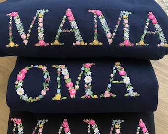 Embroidered Sweatshirt floral mama grandma abuela gifts for mother's day family personalized adult unisex auntie nana custom crewneck