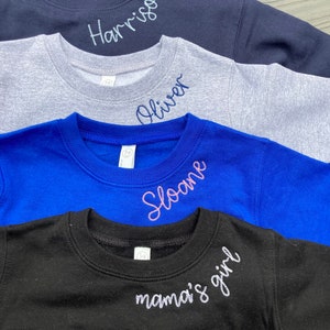Embroidered Toddler Personalized Name Neckline Crewneck Sweatshirt Chainstitch Custom Birthday Gift Holiday Gift for Kids Children Boy Girl
