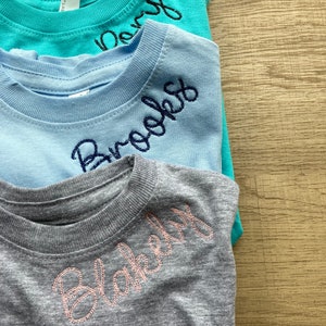 Embroidered Toddler Personalized Name Neckline Crewneck T-shirt Chainstitch Custom Birthday Gift Holiday Gift for Kids Children Boy Girl