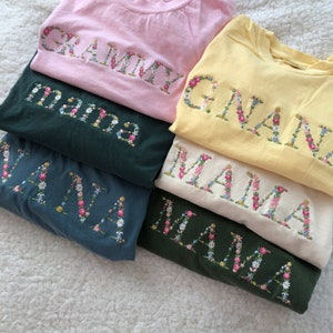 Embroidered tshirts floral mama grandma abuela gifts for mother&#39;s day family personalized adult unisex auntie nana custom comfort colors