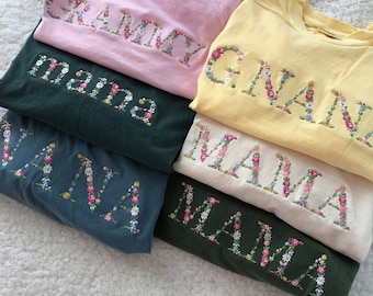 Embroidered tshirts floral mama grandma abuela gifts for mother's day family personalized adult unisex auntie nana custom comfort colors