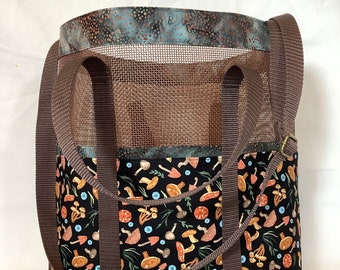 Mushroom print, multi-functional handmade craft grocery market foraging tote bag