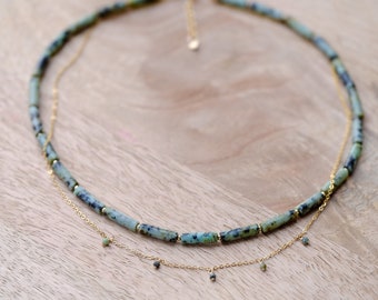 Collier 2 rangs en pierres naturelles de turquoises africaines et Goldfilled 14K