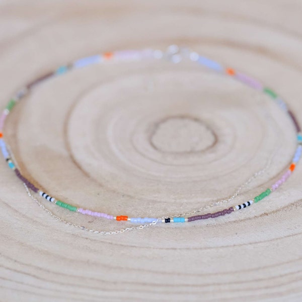 Trendy multicolor choker necklace, 2 rows, miyuki beads and 925 silver chain and clasp