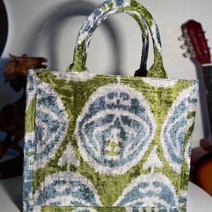 Ikat Tote Bag, Silk Velvet Tote Bag, Velvet Ikat Bag, Blue Green Tote Bag, Handmade Ikat Tote Bag, Large Velvet Handbag, Bag for women