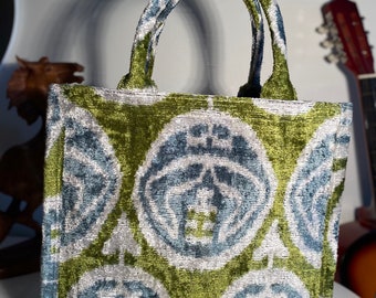 Ikat Tote Bag, Silk Velvet Tote Bag, Velvet Ikat Bag, Blue Green Tote Bag, Handmade Ikat Tote Bag, Large Velvet Handbag, Bag for women