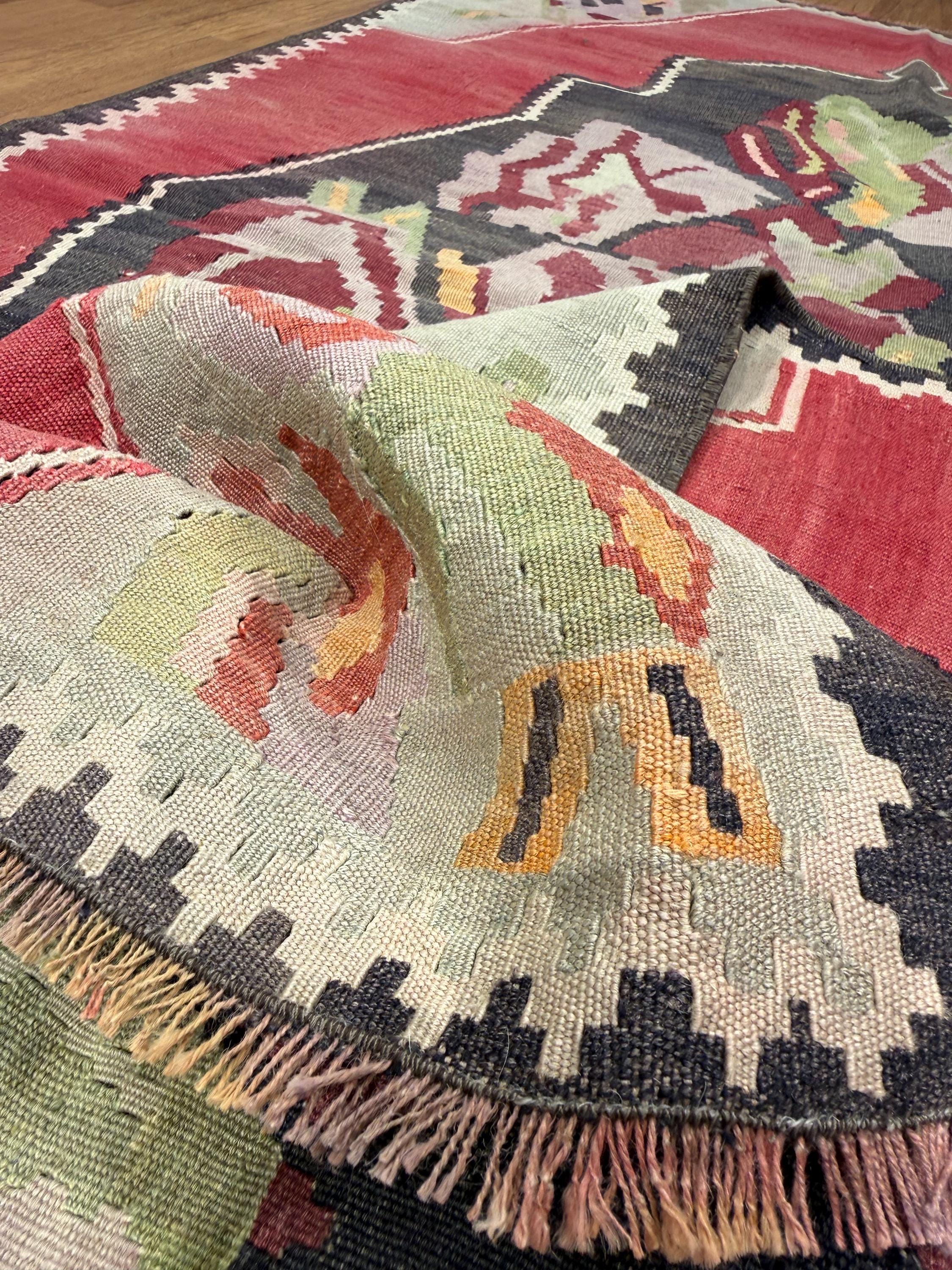 Pink Area Rug, Vintage Karabakh Kilim Rug, Large Kilim Rug, Floral