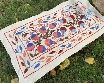 Small Suzani, Pomegranate Figured Wall Hanging, Suzani Tapestry, Handmade Suzani Tablecloth, Floral Cloth, Furniture Decor Suzani