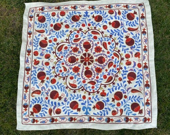 Suzani Tapestry, Square Handmade Tablecloth, Pomegranate Figured Table Linen, Vintage Blue Red Wall Hanging, Decorative Suzani Tablecloth3x3