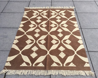 Vintage Brown Wool Turkish Rug, Handwoven Accent Rug, 4x6 ft