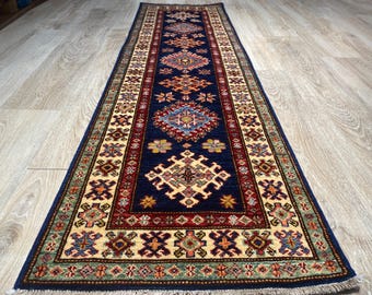 手作りトルコウールランナーラグ：ヴィンテージブルーニュートラル