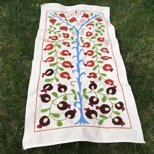 Small Suzani, Pomegranate Tree Suzani Tablecloth, Handmade Wall Hanging, Cotton Suzani, Small Tablecloth, Orange Tablecloth 3’x1’5”