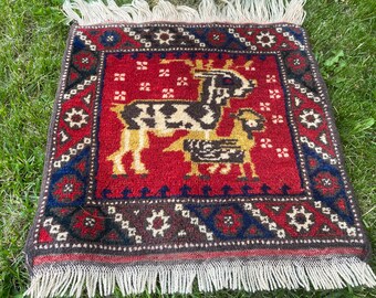 Vintage Handmade Anatolian Rug: Square Animal Figured Doormat (2x1’8”)