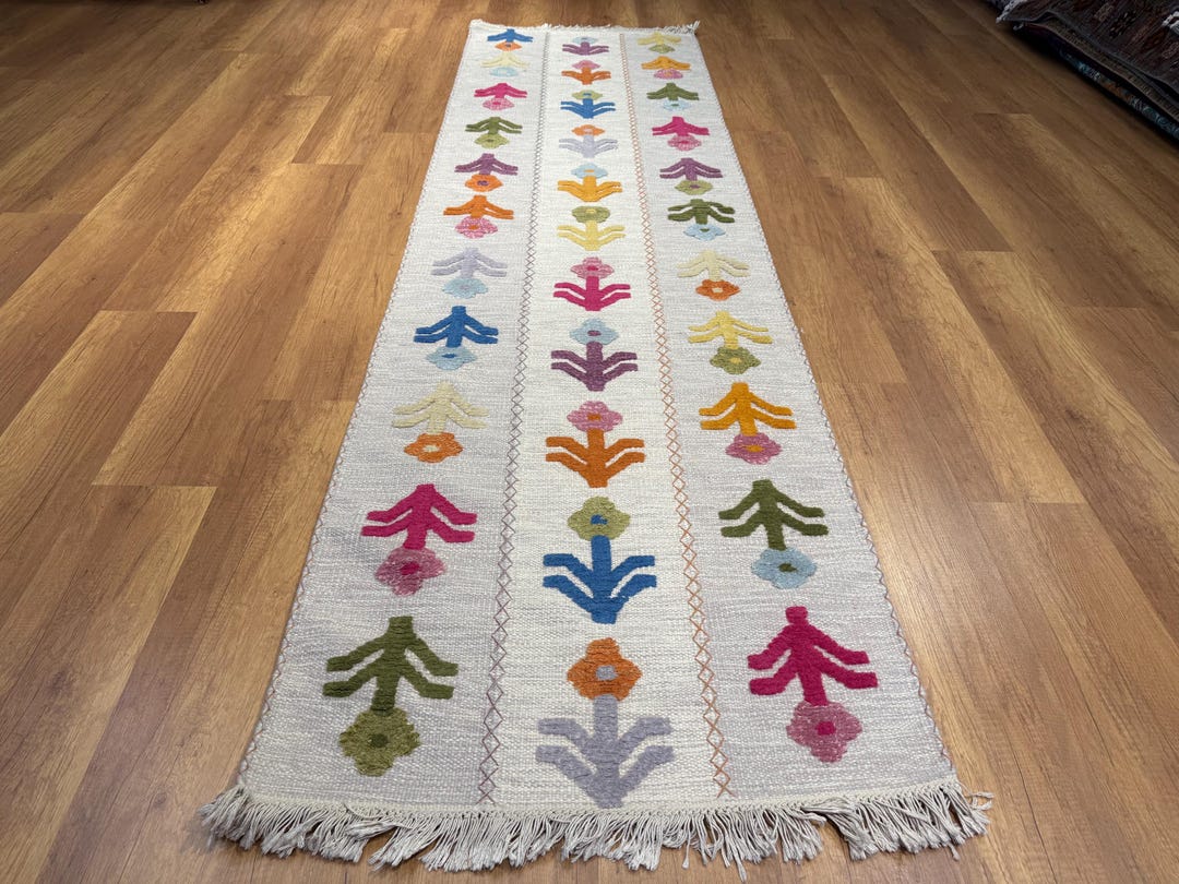 Handwoven Embossed Kilim Runner, Floral Runner Rug, Hallway Runner Rug ...