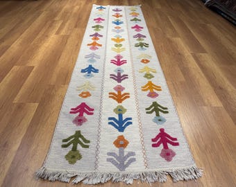 Alfombra Kilim tejida a mano con relieve, alfombra floral, alfombra de pasillo, alfombra turca, alfombra colorida, alfombra para habitación infantil de 2,95 x 0,88 m