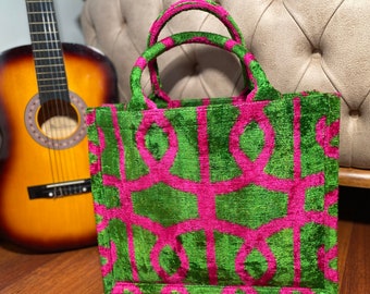 Ikat-tygväska, sidenväska i sammet, ikat-väska i sammet, rosa grön tygväska, handgjord ikat-tygväska, stor sammetshandväska, väska för kvinnor