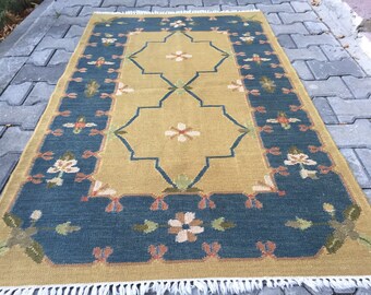 Alfombra Kilim pequeña de lana turca tejida a mano, 90 x 150 cm, diseño floral verde y azul, minimalista, vintage, para pared o suelo.
