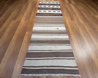 Handwoven Wool Kilim Runner: Brown Striped Rug, 8'5" Vintage Turkish Rug