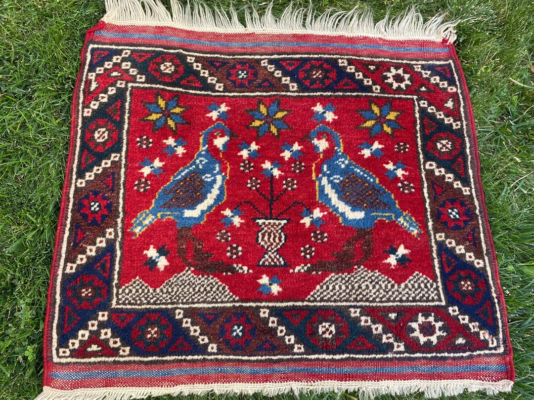 Square Small Rug, Animal Figured Small Rug, Small Red Rug, Vintage ...