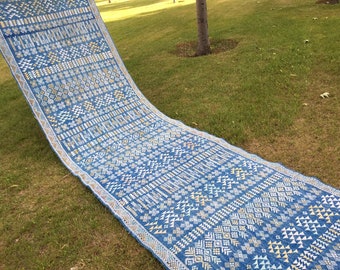 Alfombra turca Cicim hecha a mano, alfombra vintage azul para pasillo (3x14)