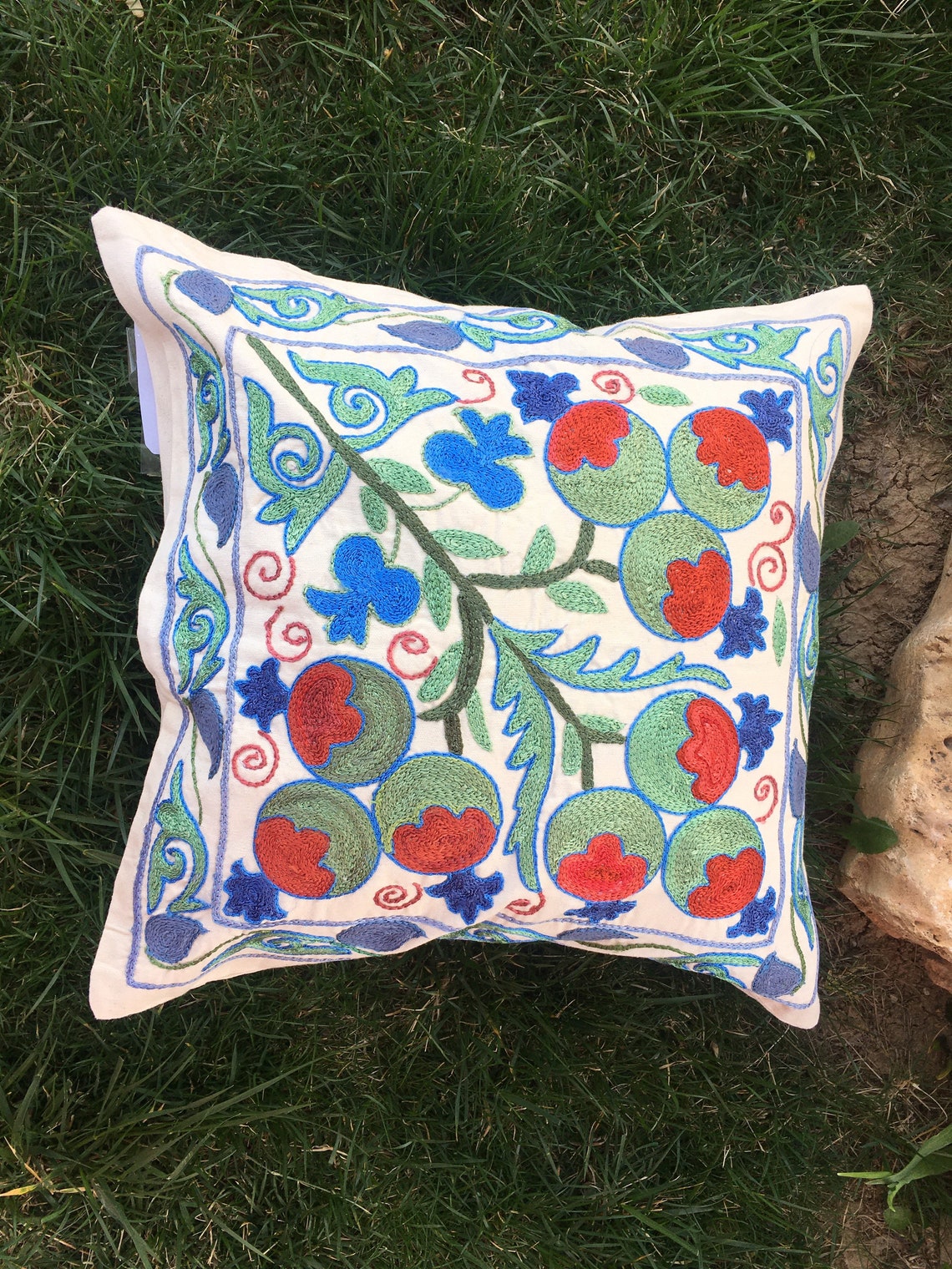 Suzani Pillowcase Green Blue Cushion Cover Handmade Etsy