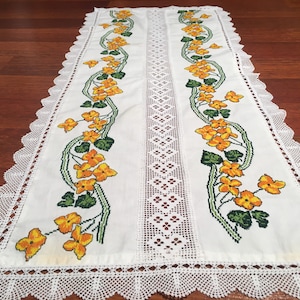 Floral Tablecloth, Small Yellow Tablecloth, Yellow Flower Figures, Lace Table Runner, Needlework Tablecloth, Handmade Tablecloth