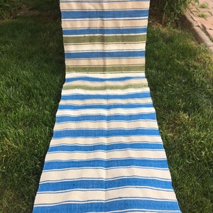 Puede incluir: Una alfombra larga y rayada con rayas azules y blancas alternadas. La alfombra tiene una secci&oacute;n rayada verde y blanca en la parte superior.