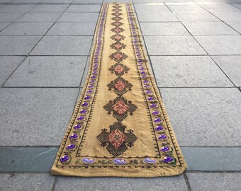 Alfombra turca de pasillo, alfombra de lana extralarga estilo vintage, kilim largo y estrecho, para el hogar, 4 x 50 cm (13'1" x 1'8")